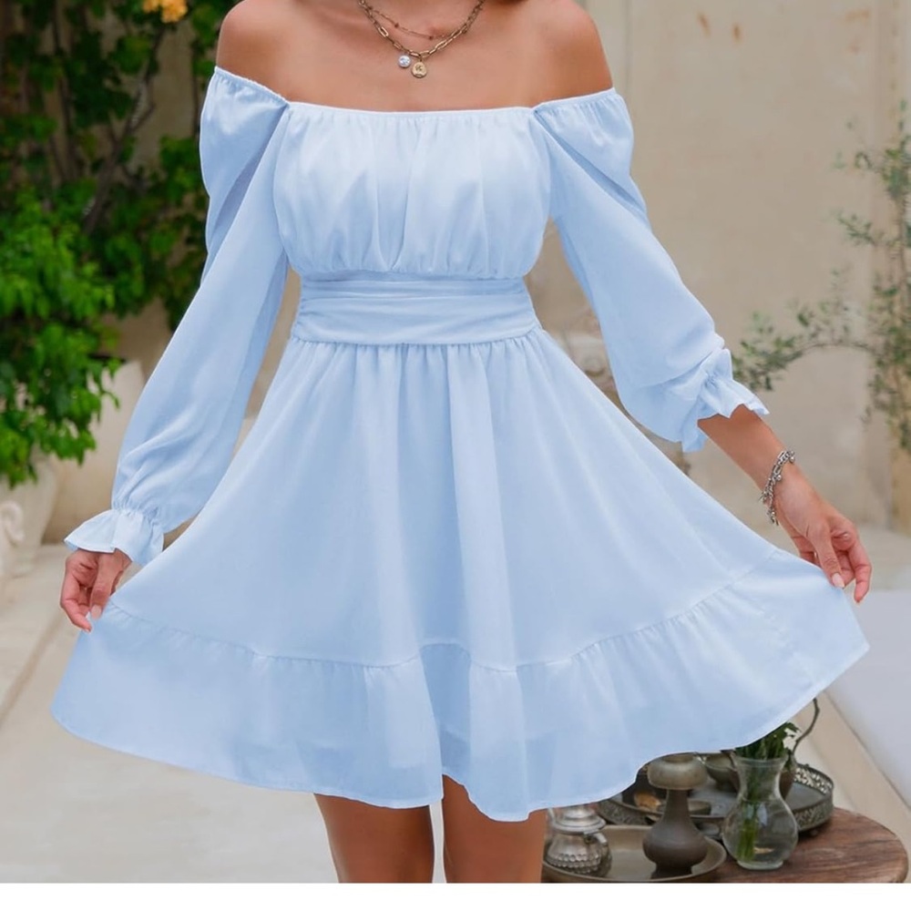 Amazon Off-Shoulder Light Blue Long Sleeve Dress